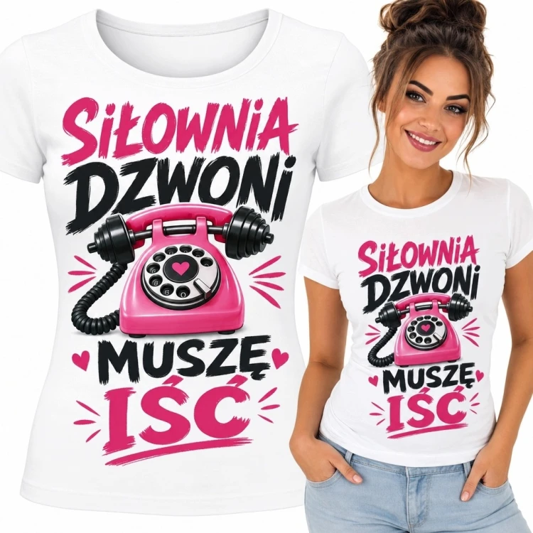Koszulka damska na siłownię „Siłownia dzwoni, muszę iść” - różowy telefon z hantlem zamiast słuchawki