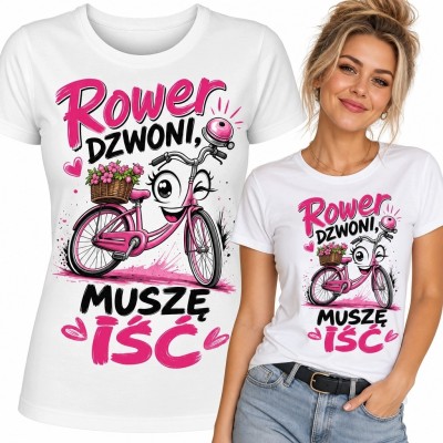Koszulka damska z rowerem „Rower dzwoni, muszę iść” - różowy motyw z kwiatami