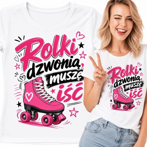 Koszulka damska dla rolkarki „Rolki dzwonią, muszę iść” - różowa wrotka
