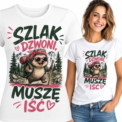 Koszulka damska dla turystki „Szlak dzwoni, muszę iść” - jeż na szlaku