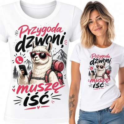 Koszulka damska z podróżniczą lamą „Przygoda dzwoni muszę iść” - góry i podróże