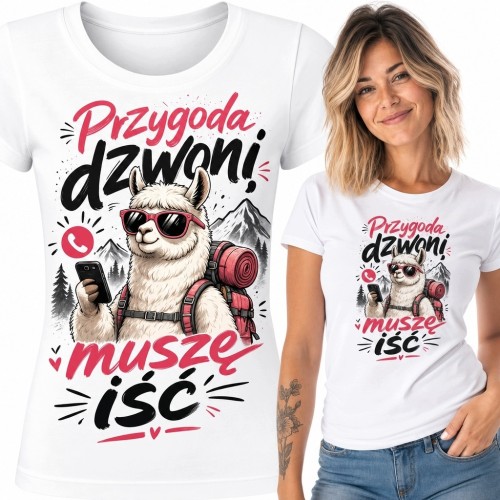 Koszulka damska z podróżniczą lamą „Przygoda dzwoni muszę iść” - góry i podróże