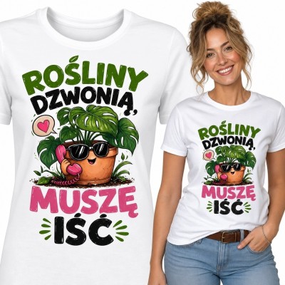 Koszulka damska dla miłośniczki roślin „Rośliny dzwonią, muszę iść” - monstera z telefonem