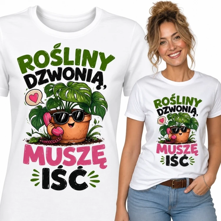 Koszulka damska dla miłośniczki roślin „Rośliny dzwonią, muszę iść” - monstera z telefonem