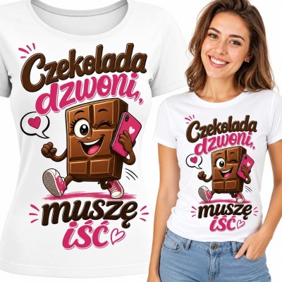 Koszulka damska z biegnącą czekoladą „Czekolada dzwoni, muszę iść” - zabawny nadruk