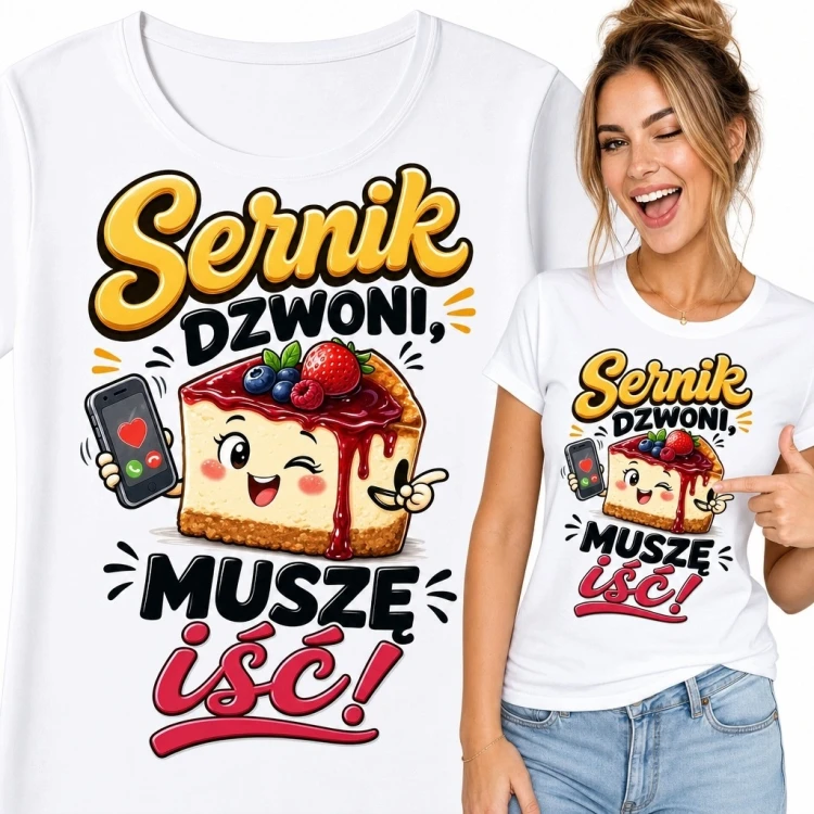 Koszulka damska z sernikiem „Sernik dzwoni, muszę iść!” - zabawny nadruk