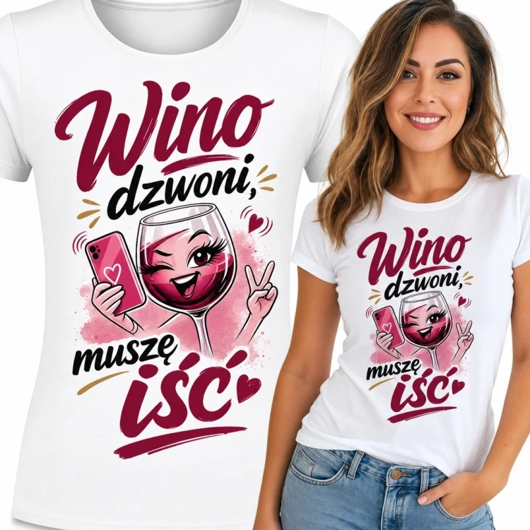 Koszulka damska z kieliszkiem wina „Wino dzwoni, muszę iść”