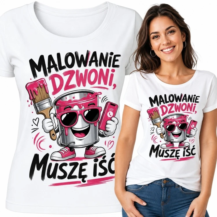 Koszulka damska z puszką farby i napisem „Malowanie dzwoni, muszę iść” - dla fanki DIY