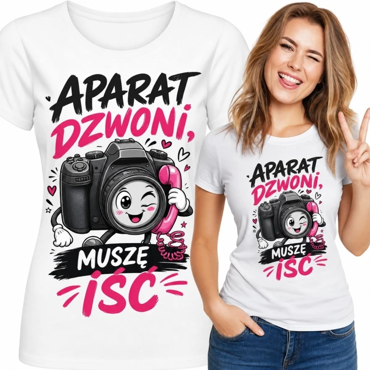 Koszulka damska dla fotografki „Aparat dzwoni, muszę iść” - humorystyczny aparat