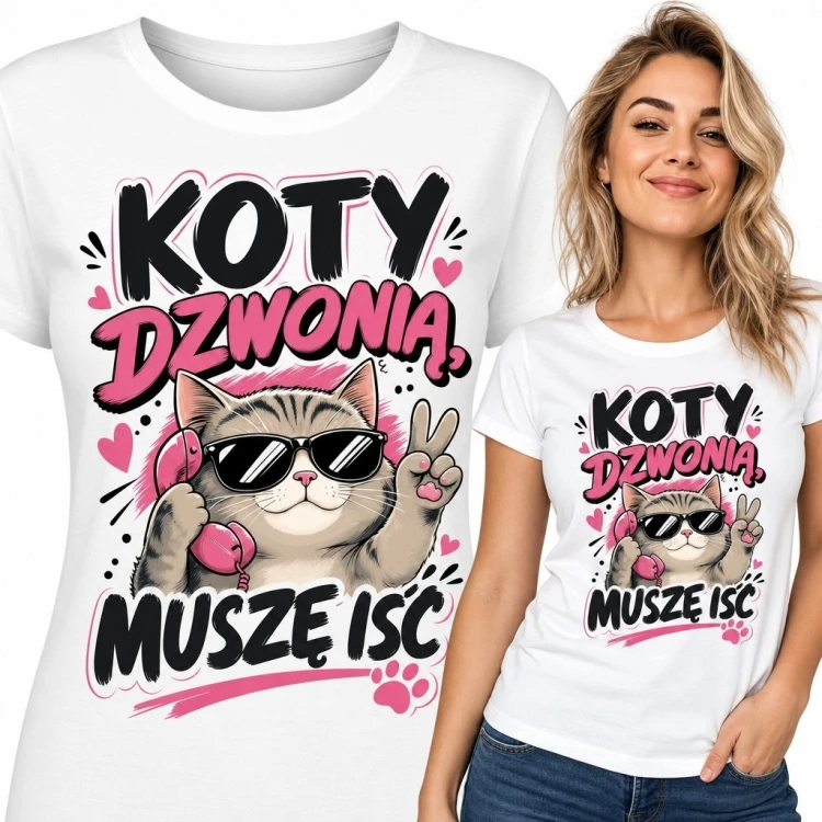 Koszulka damska z kotem „Koty dzwonią muszę iść” - zabawny wzór
