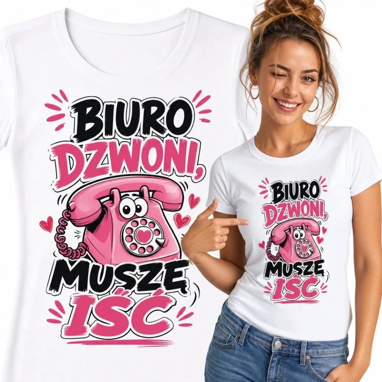 Koszulka damska do biura „Biuro dzwoni, muszę iść” - różowy telefon retro