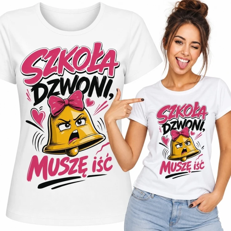 Koszulka damska z dzwonkiem „Szkoła dzwoni, muszę iść” - humorystyczny motyw szkolny