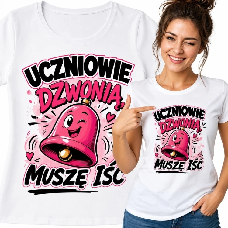 Koszulka damska dla nauczycielki „Uczniowie dzwonią, muszę iść” - różowy dzwonek
