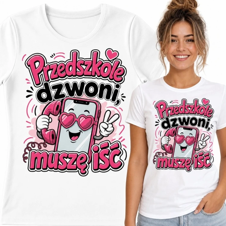 Koszulka damska dla nauczycielki przedszkola „Przedszkole dzwoni, muszę iść” - komiksowy telefon