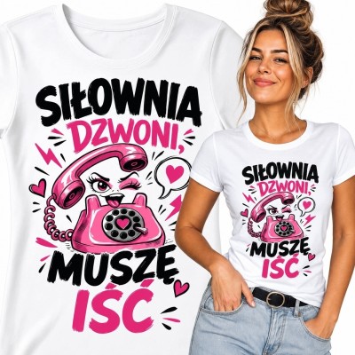 Koszulka damska na siłownię „Siłownia dzwoni, muszę iść” - różowy telefon retro