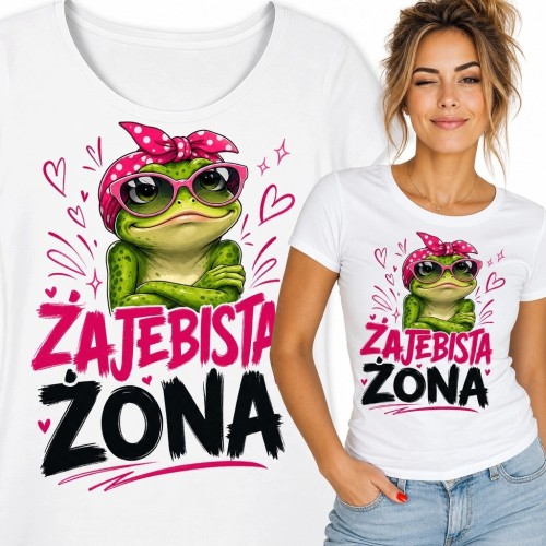 Koszulka damska z żabą i napisem „Żajebista żona” - odważny humor