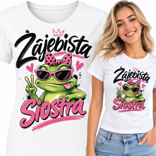 Koszulka damska dla siostry „Żajebista Siostra” - żaba w różowych okularach