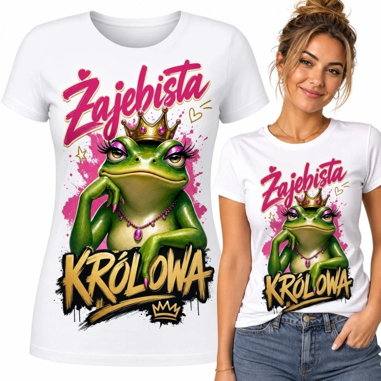 Koszulka damska z królewską żabą „Żajebista królowa” - śmieszny nadruk