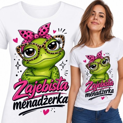 Koszulka damska dla menadżerki z żabą i napisem „Żajebista menadżerka”