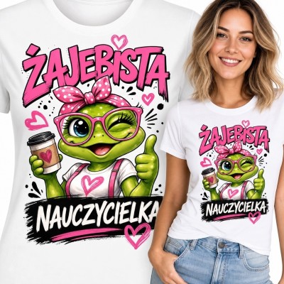Koszulka damska dla nauczycielki „Żajebista nauczycielka” - żółw z kawą
