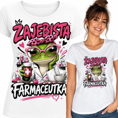 Koszulka damska dla farmaceutki „Zajebista farmaceutka” - komiksowa żaba