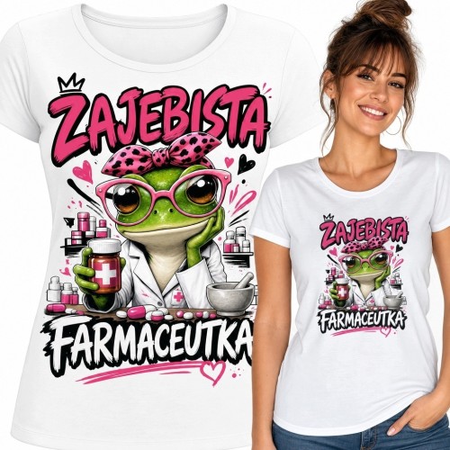 Koszulka damska dla farmaceutki „Zajebista farmaceutka” - komiksowa żaba