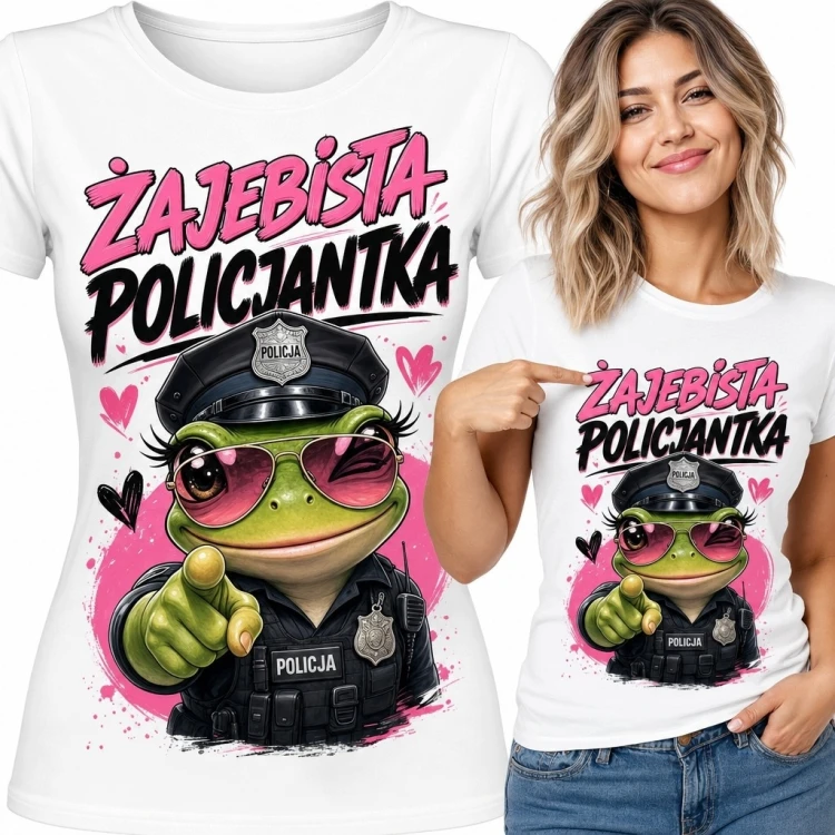 Koszulka damska dla policjantki „Żajebista policjantka” - komiksowa żaba