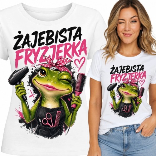 Koszulka damska dla fryzjerki „Zajebista fryzjerka” - humorystyczna żaba z akcesoriami