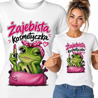 Koszulka damska dla kosmetyczki „Żajebista Kosmetyczka” - z żabą i kosmetykami