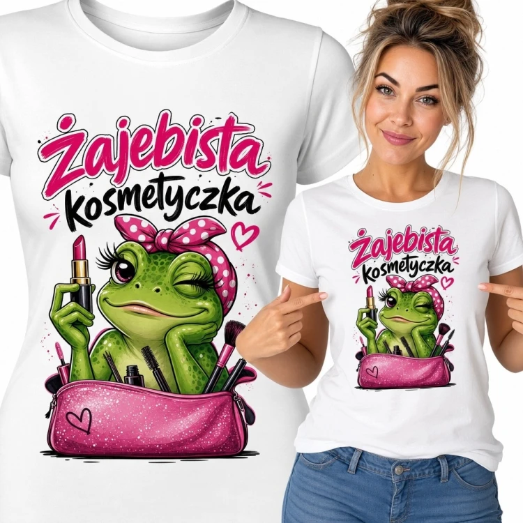 Koszulka damska dla kosmetyczki „Żajebista Kosmetyczka” - z żabą i kosmetykami