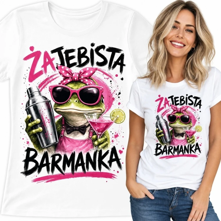 Koszulka damska dla barmanki z napisem „Żajebista barmanka” - żaba z koktajlem