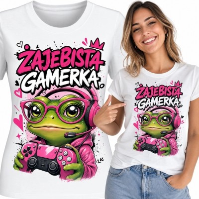 Koszulka damska dla graczki „Żajebista gamerka” - żaba z kontrolerem