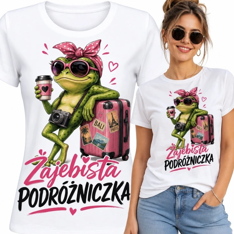Koszulka damska z żabą podróżniczką i napisem „Żajebista podróżniczka”