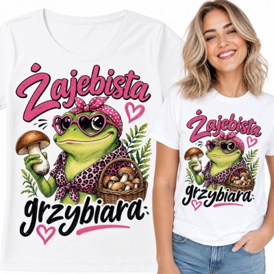 Koszulka damska „Żajebista grzybiara” - żaba z koszykiem grzybów