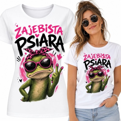 Koszulka damska dla miłośniczki psów „Zajebista psiara” - zadziorny wzór z żabą