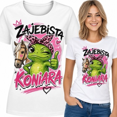 Koszulka damska „Zajebista koniara” - żaba w bandanie z kciukiem i głowa konia