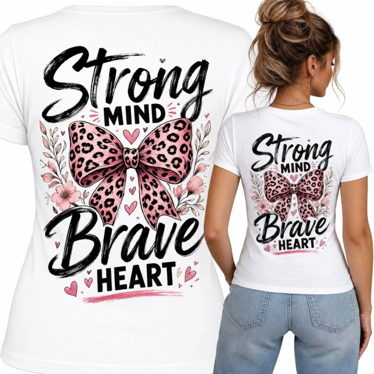 Koszulka damska z różowym motylem „Strong Mind Brave Heart”