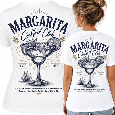 Koszulka damska biała „Margarita Cocktail Club” - koktajl z lodem i roślinnymi ornamentami na plecach