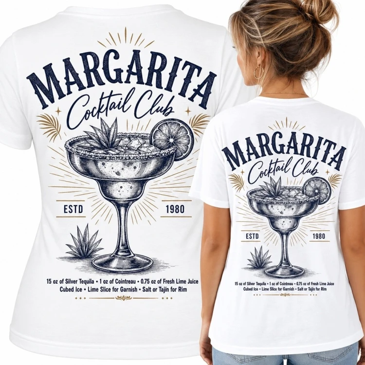 Koszulka damska biała „Margarita Cocktail Club” - koktajl z lodem i roślinnymi ornamentami na plecach