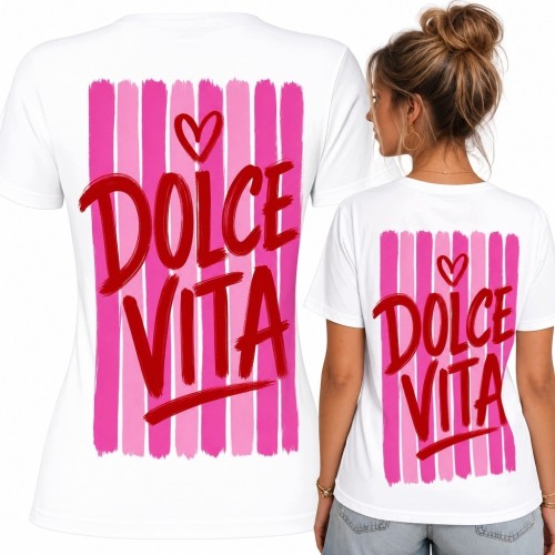 Koszulka damska z dużym nadrukiem „Dolce Vita” i sercem na plecach