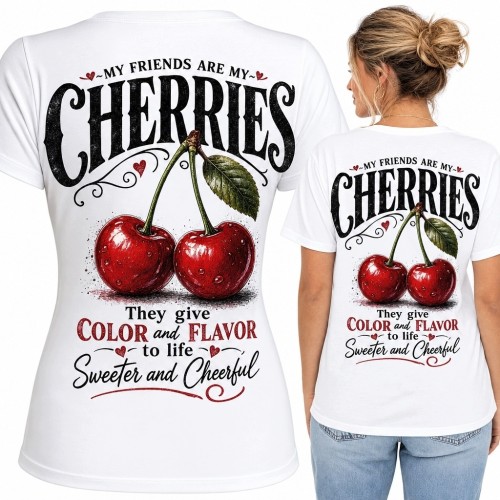 Koszulka damska z czereśniami „My friends are my cherries” - nadruk retro na plecach
