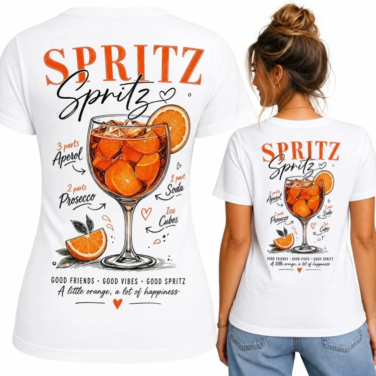 Koszulka damska z koktajlem i napisem „Spritz” - nadruk retro na plecach