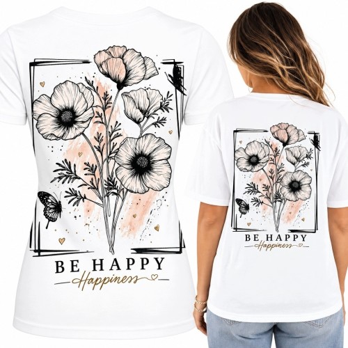 Koszulka damska z makami i motylem „Be Happy” - duży nadruk na plecach