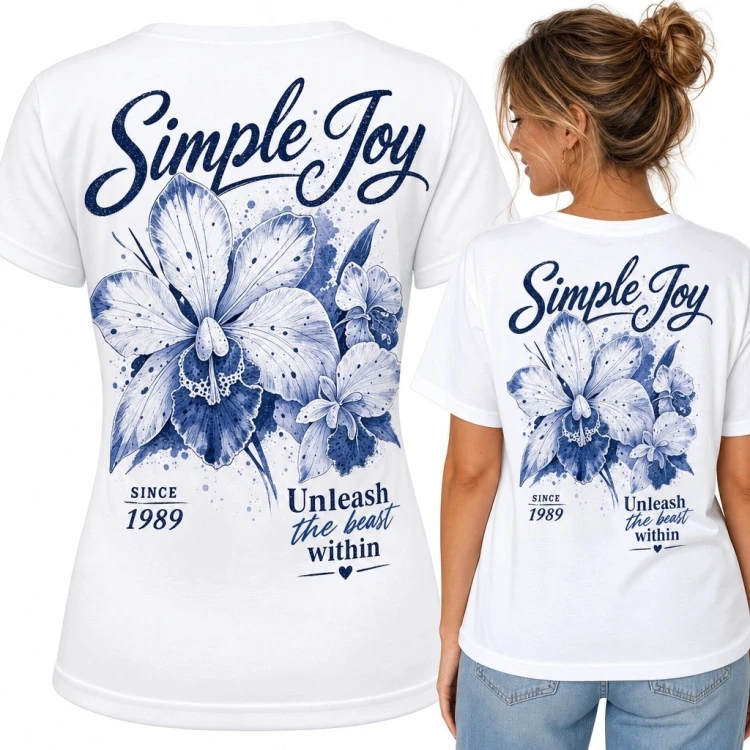 Koszulka damska z niebieskimi orchideami i napisem „Simple Joy” - duży nadruk na plecach