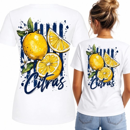 Koszulka damska „Citrus” z cytrynami, liśćmi i białymi kwiatami na plecach