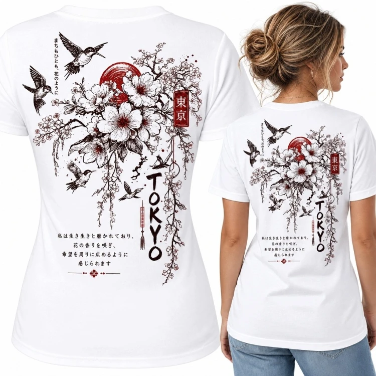 Koszulka damska „Tokyo” z japońskim motywem kwiatów i ptaków - nadruk na plecach