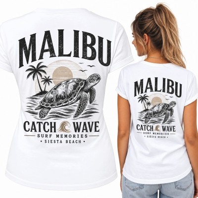 Koszulka damska z żółwiem morskim „Malibu” - wakacyjny styl retro