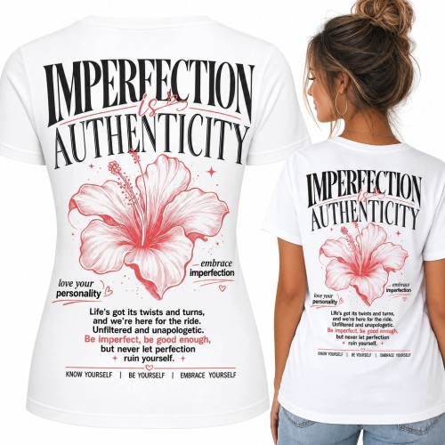 Koszulka damska z hibiskusem i napisem „Imperfection &amp; Authenticity” - nadruk na plecach