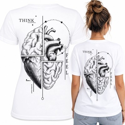 Koszulka damska z sercem i mózgiem „Think / Feel” - anatomiczny nadruk na plecach