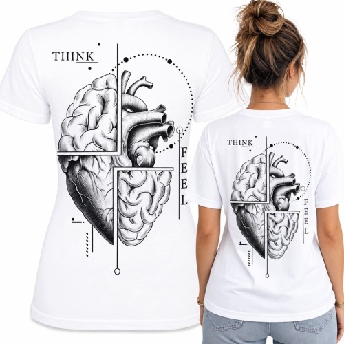 Koszulka damska z sercem i mózgiem „Think / Feel” - anatomiczny nadruk na plecach